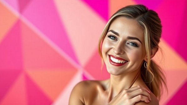 Smiling woman against geometric pattern symbolizes generational differences in money attitudes.