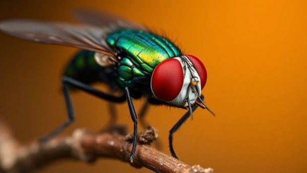 Close-up of a fly with red eyes and metallic body on a branch.