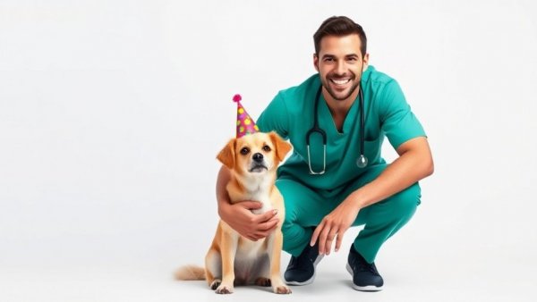 Smiling veterinarian with a dog wearing a hat, promoting smarter lasers for BOAS treatment.