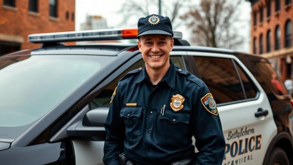 Smiling police officer in Bethlehem, showing community trust in policing.