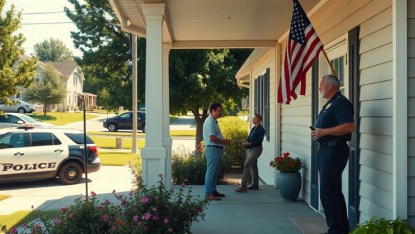 Police-community relations scene with a police vehicle on a driveway.