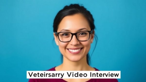 Veterinary video interview portrait with blue gradient background.