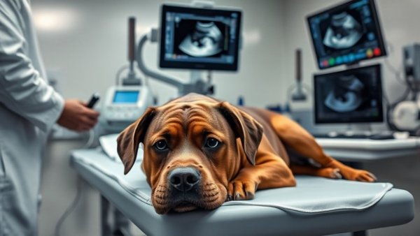 Dog with CHF on examination table, surrounded by veterinarians in clinic.