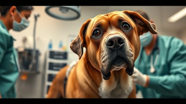 Concerned dog examined at vet clinic for CHF emergency cases.