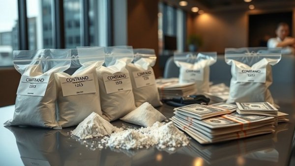 Bags of white powder and cash on table depicting drug trade theme.