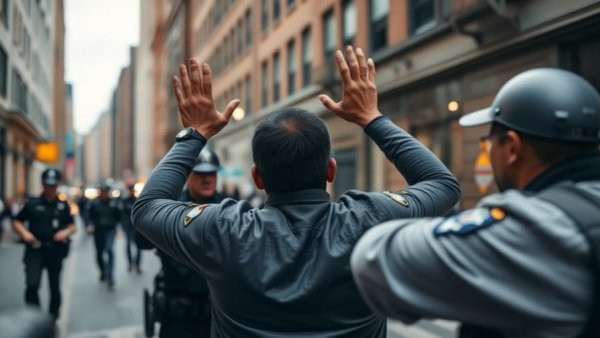 Intense law enforcement scene with individual raising hands.