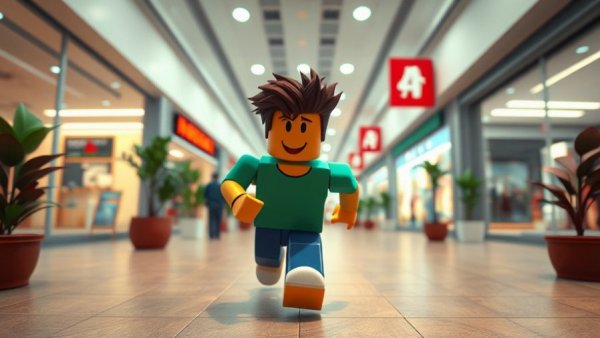 Roblox shooting simulator character running through a virtual mall corridor.