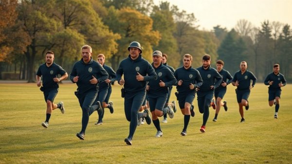Police officers training together outdoors, promoting health.