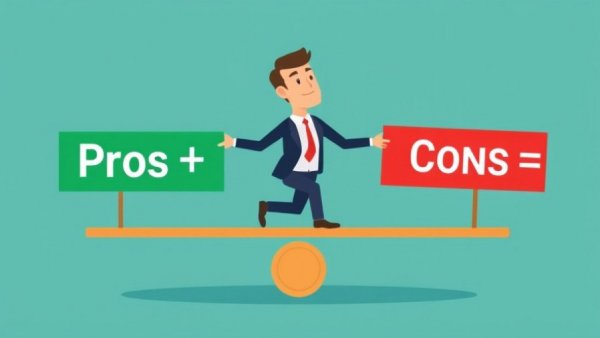 Man balancing pros and cons on seesaw; decision-making.