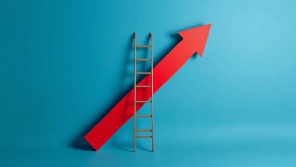 Red arrow with ladder symbolizing growth, on blue background.