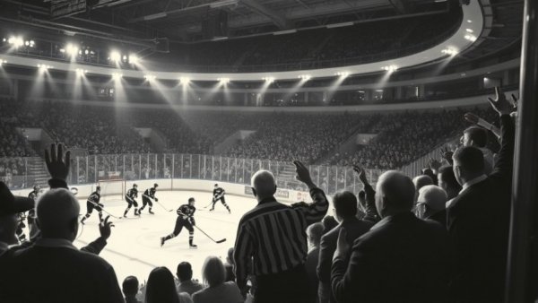 Vintage hockey goal celebration, reflecting NHL copyright challenges.
