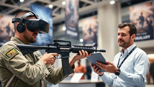 Virtual reality military training demo at exhibition showcasing integrated VR training technology.
