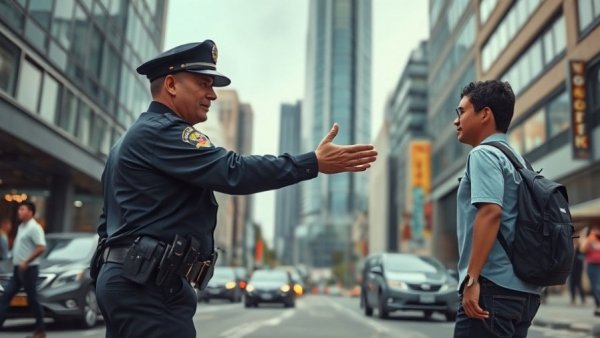 Police reform discussion, officer reaching out in city.