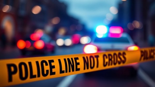 Police tape with blurred lights indicating a public safety traffic stop shooting scene.