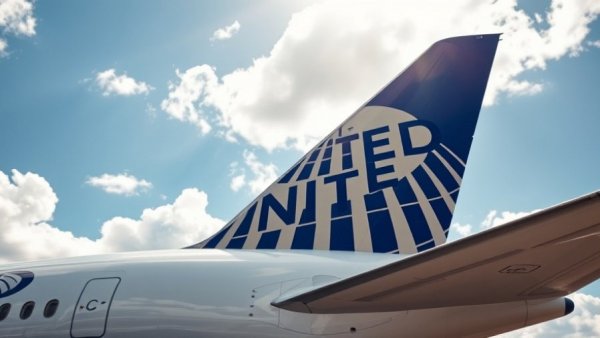 United Airlines blue tail logo under bright sky, highlighting customer experience improvements.
