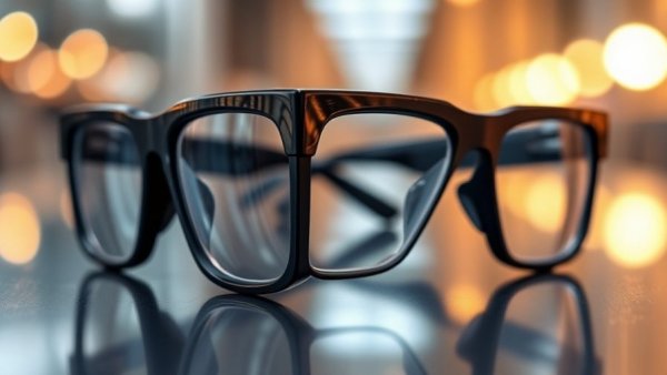Sleek smart glasses with facial recognition tech on reflective surface.