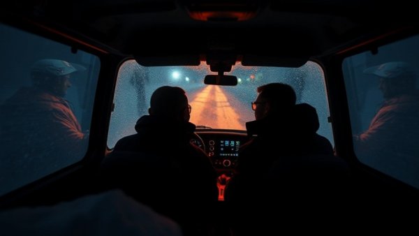 Rescue vehicle navigating snowy night, focused on ice safety rescue operations.