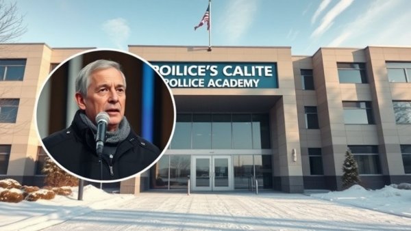 Police academy building with man speaking inset, police training theme.