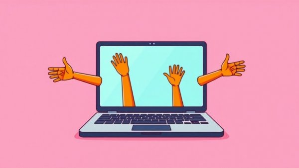 Illustration of virtual connection with arms extending from a laptop screen.