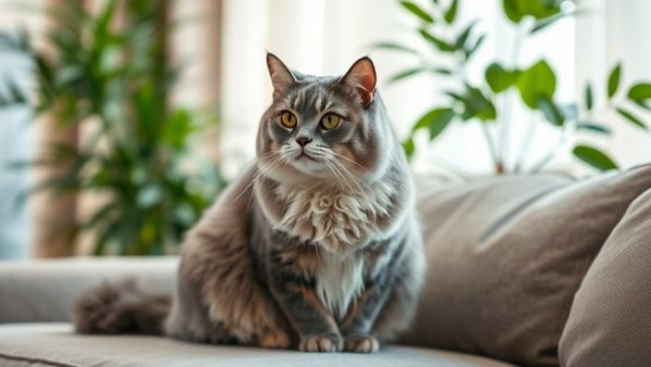 Plump cat sitting on couch addressing pet obesity management.