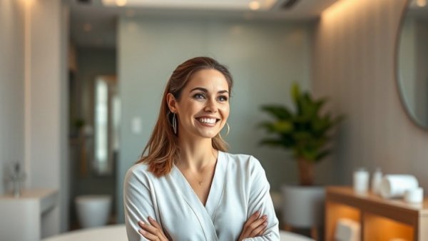 Confident woman discussing med spa certifications in modern setting.