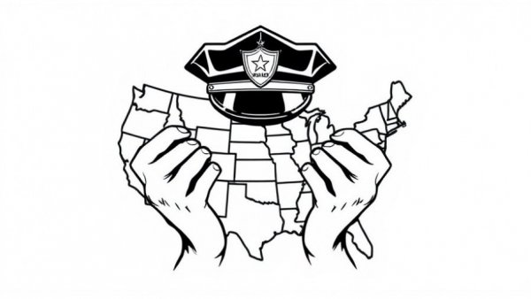 Monochrome drawing of police hat and hands holding US map, representing policing strategies innovation.