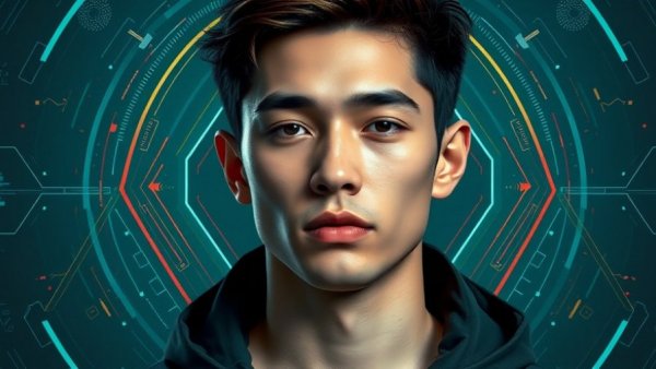 Digital graphic with futuristic design elements and young man's portrait, how AI pays attention.