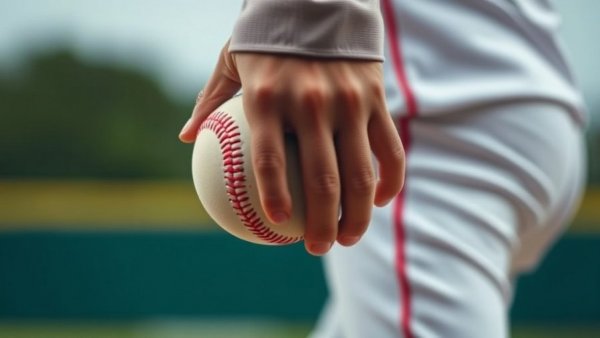 Baseball player holding a ball, focused and ready to pitch on the field.