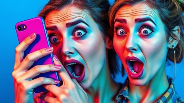 Surprised woman on phone, bright modern collage, surprise phone interviews.