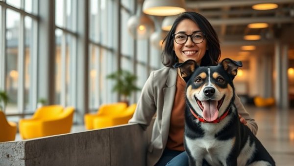 Cornell Riney Canine Health Center news: woman and dog in lobby