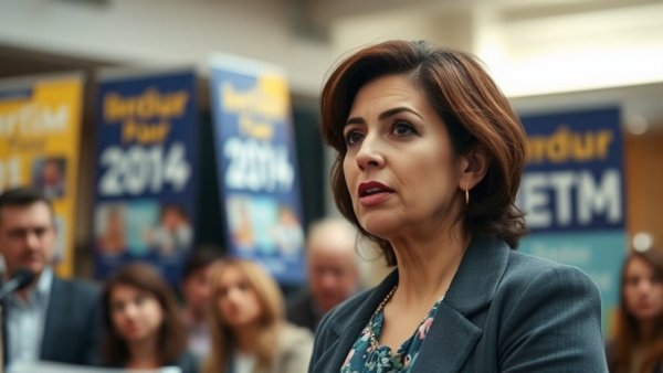 Woman addressing audience at event amid Hurricane Milton tornado warnings.