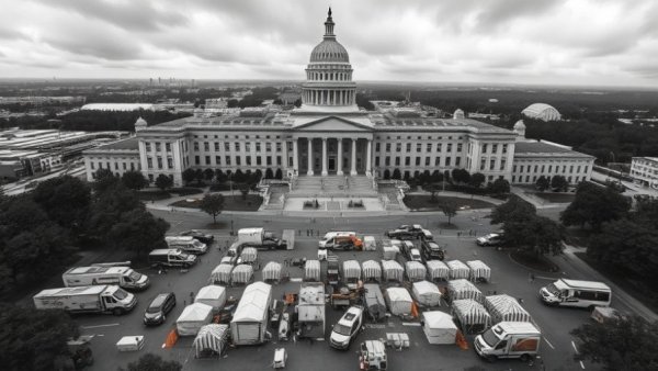 Aerial view of emergency response setup at a government complex, highlighting policing strategies.