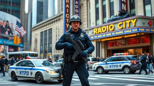 Police security operations in urban area near Radio City Music Hall.