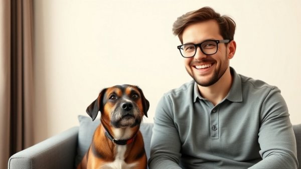 Canine adolescence expert in video interview with attentive dog.