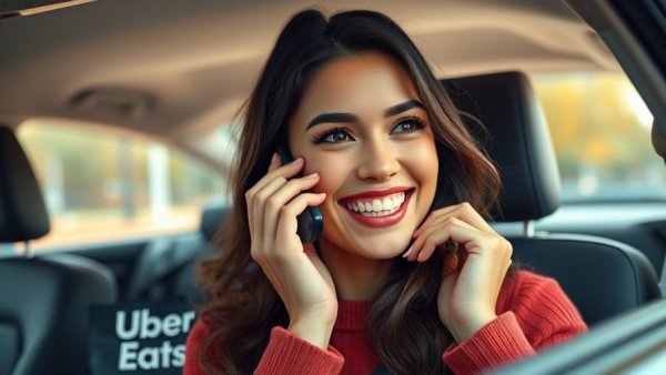 Happy female driver with Uber Eats bag, smiling in car.