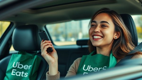 Delivery driver talking on phone inside car with Uber Eats bag.