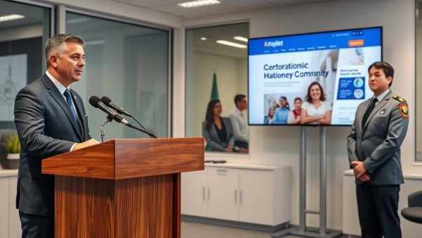 Police recruitment press conference with speaker and officer in office.