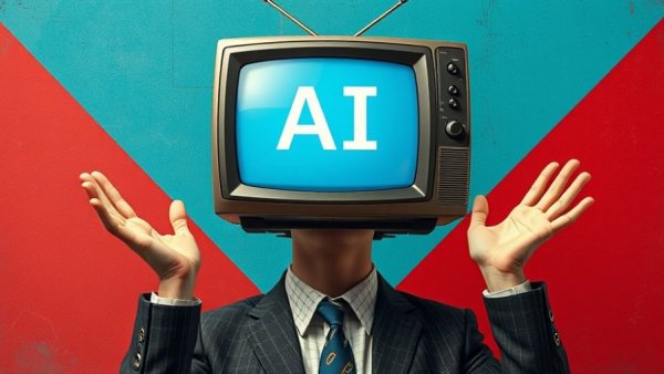 AI misreads concept with TV head and question marks, vibrant collage.