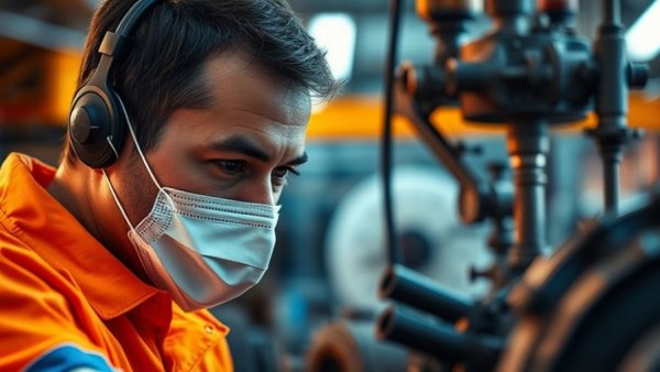 Technician examining machinery with focus, warm industrial lighting.