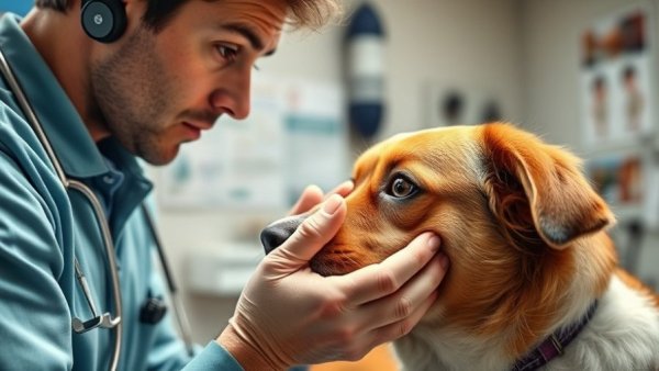 Veterinarian performs fundic examination on a dog, highlighting the importance of fundic examinations in veterinary practices.