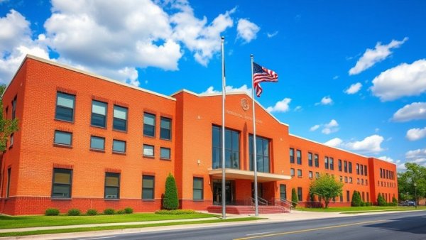 Hanceville Municipal Complex on a sunny day with flags flying.