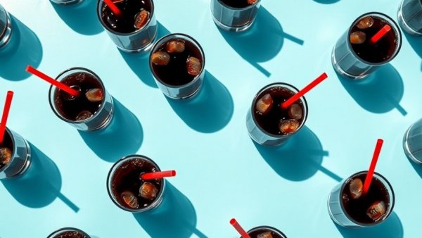 Flat lay of soda glasses with red straws on a blue background.