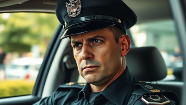 Police officer inside vehicle reflects on community relations.