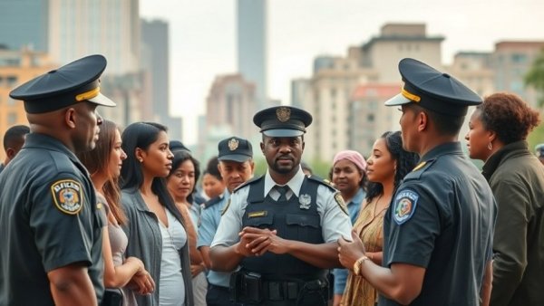 Symbolic scene illustrating police reform with diverse community discussion.