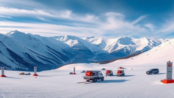 Winter mountain scene showing ski training safety features with snow-grooming machines.
