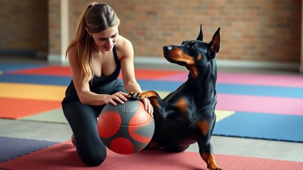 Exercise therapy session with a Doberman and trainer on balance ball indoors.
