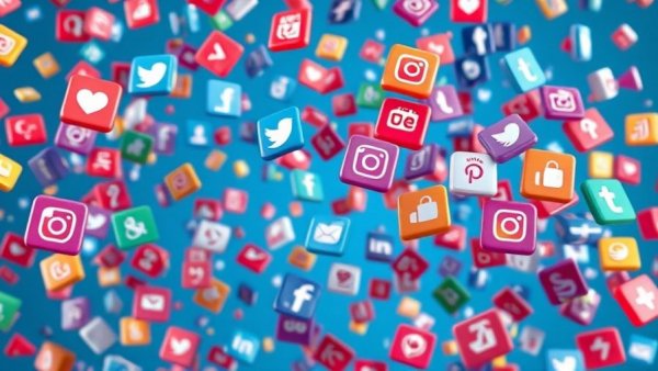 Dynamic social media icon cascade in blue tones, vibrant and detailed.