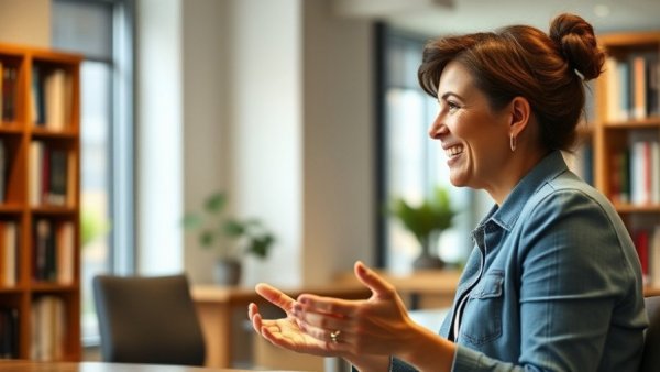 Smiling woman discusses power of conversation in client retention.