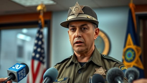 Sheriff addressing media on overtime fraud in policing, official setting.