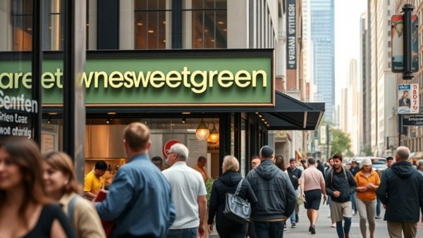 Urban view of Sweetgreen restaurant showcasing a vibrant city setting.
